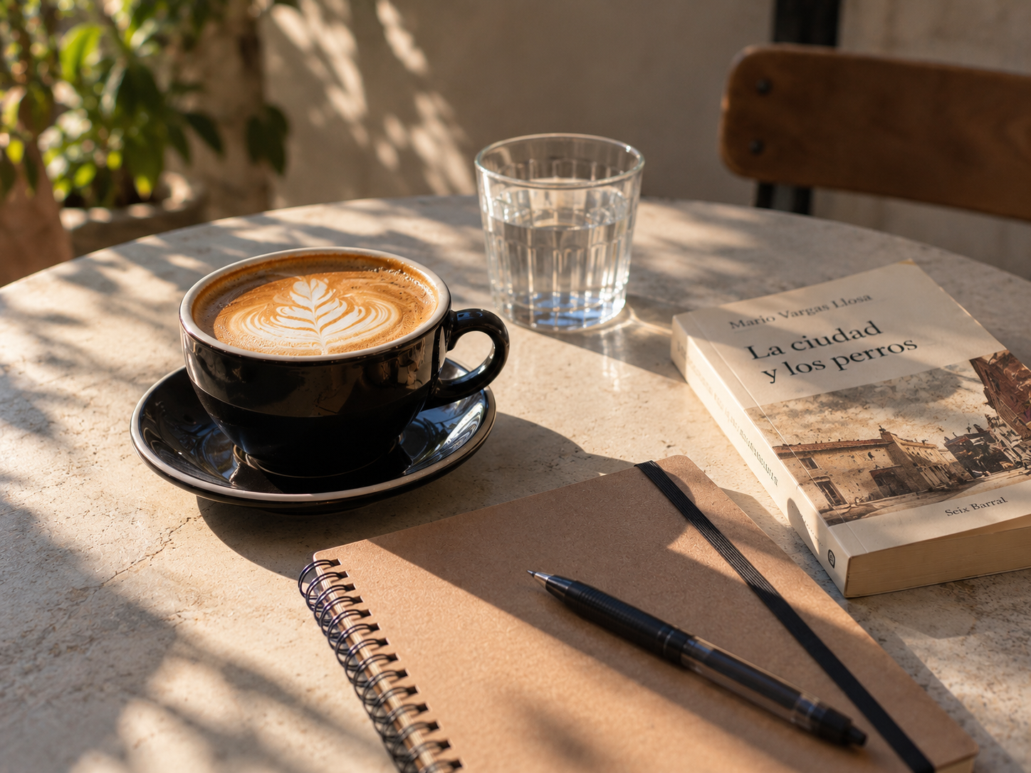 Coffee, a notebook, and a Spanish book at a sunlit café