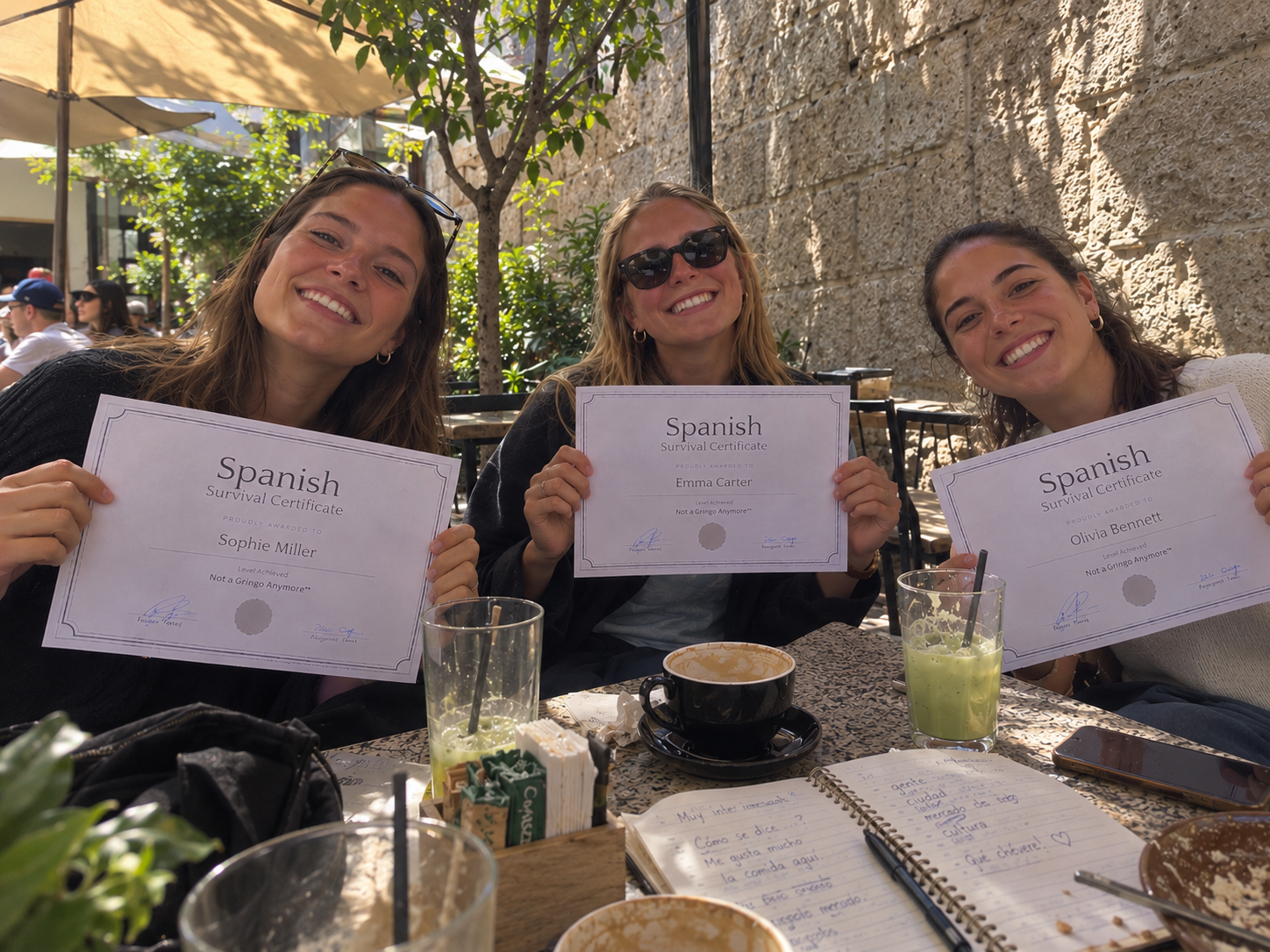 People practicing Spanish at a café